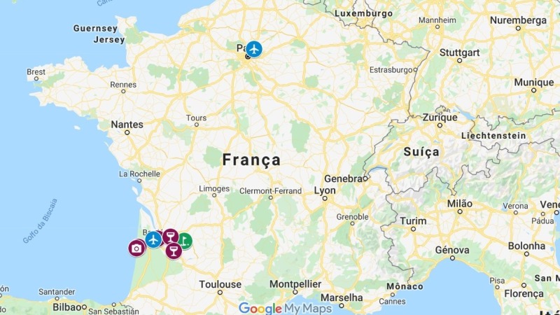 A mapa do Bordeaux e lugares dos vinhos