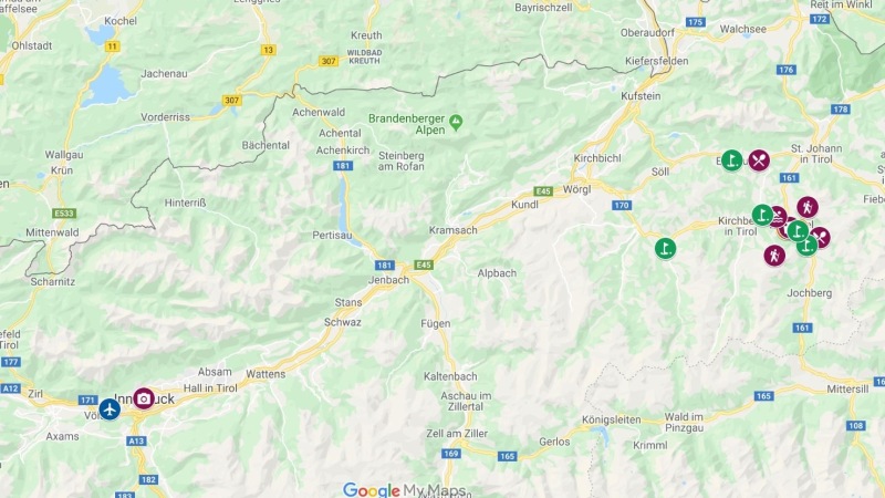 Mapa Kitzbühel e Innsbruck com campos de golfe