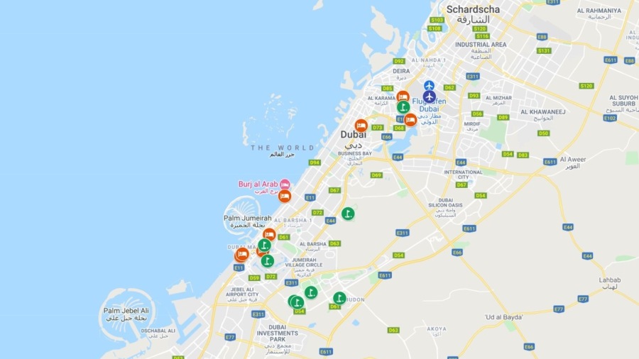 A mapa de Dubai com hotéis e campos de golfe