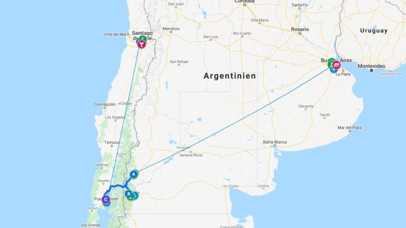 Mapa de roteiro Buenos Aires - Patagonia - Santiago de Chile