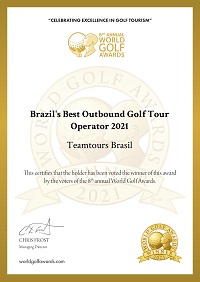 Certificado de vencedor como melhor operadora de turismo de golfe Brasil 2021