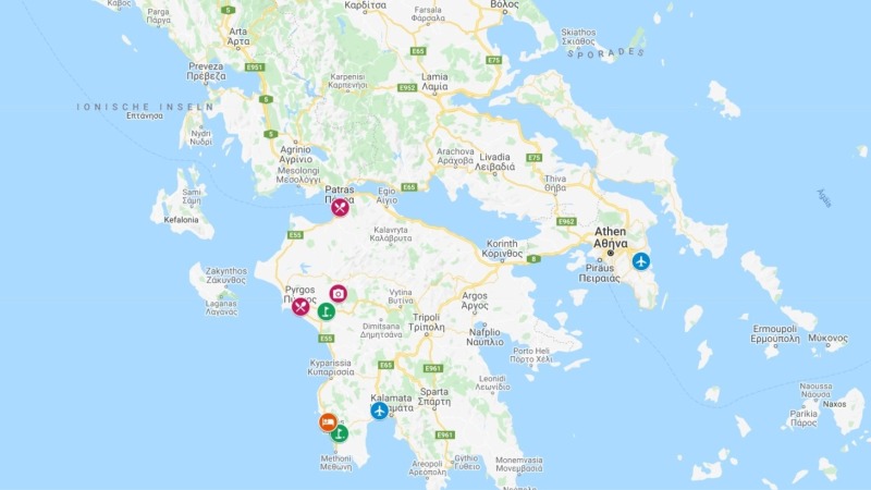 A mapa de Peloponnese com Olympia e Costa Navarino