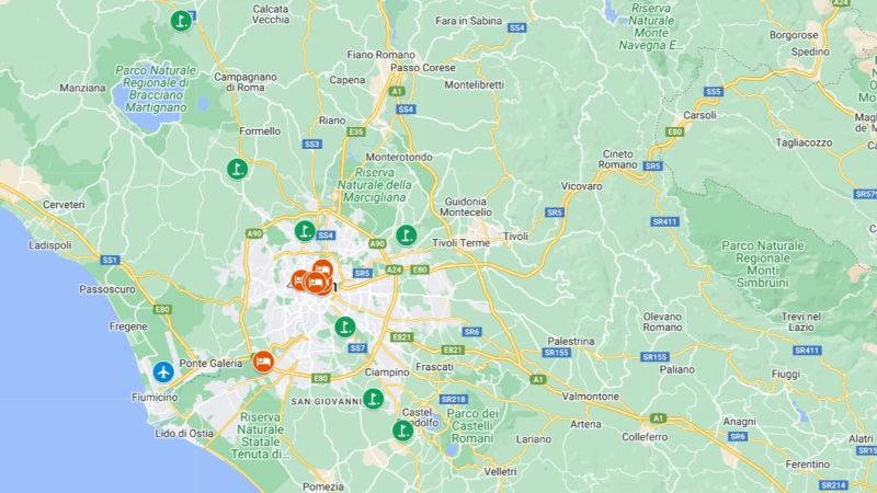 A mapa com campos de golfe na Roma em regiao Lazio - Italia