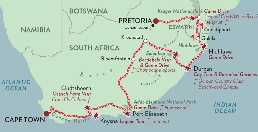 Mapa do roteiro de Rovos Rail Africa Collage com campos de golfe