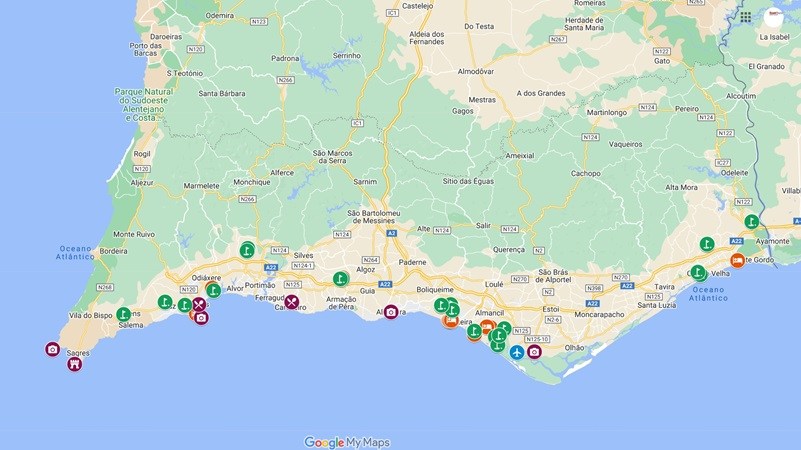 A mapa de mais importante campos de golfe no Algarve